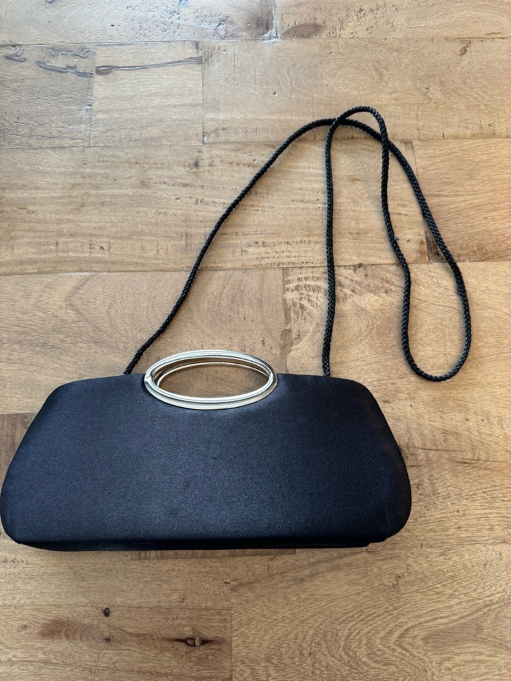 Black Satin Evening Clutch with rope Strap metal circle detail